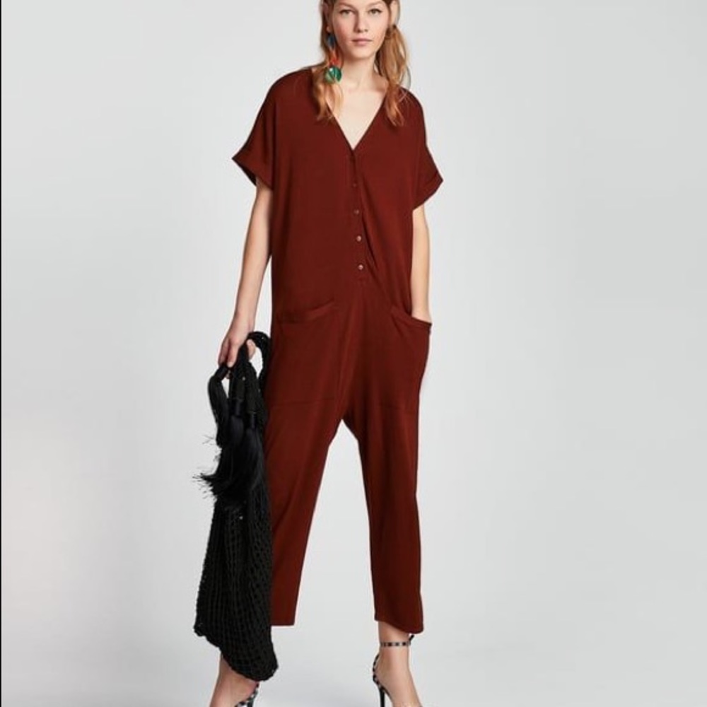 Zara Knit Red Button Front Jumpsuit with Pockets M